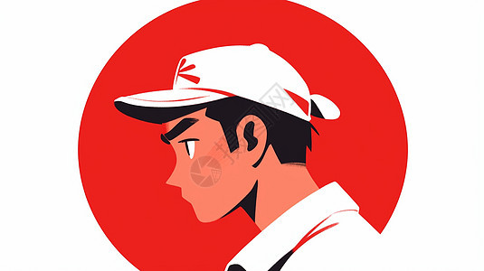 戴着白色棒球帽红色背景前的卡通男青年的侧面图片