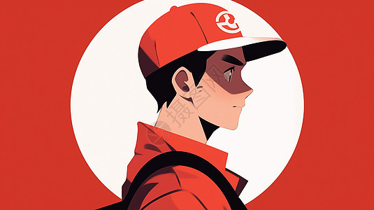 背着包戴着红色棒球帽的卡通男青年侧面图片