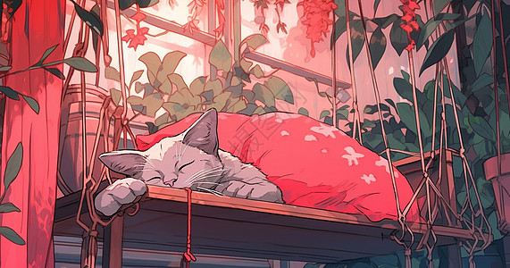 趴在花架上睡觉的可爱卡通大猫图片