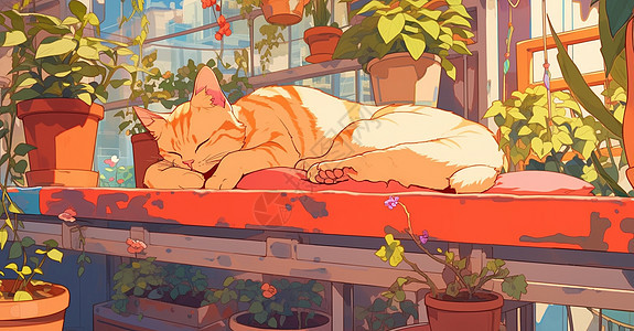 趴在阳台上睡觉的卡通大橘猫图片