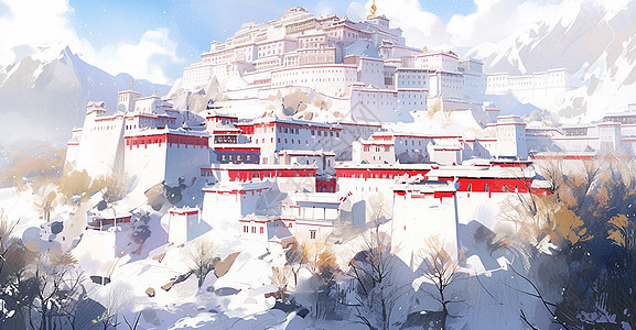 冬天雪后山顶上一座古风卡通宫殿背景图片