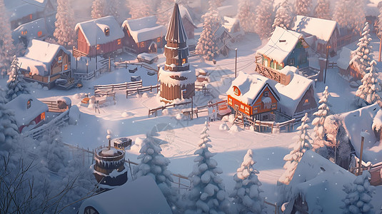 森林中几座被白雪覆盖的温馨卡通小房子背景图片