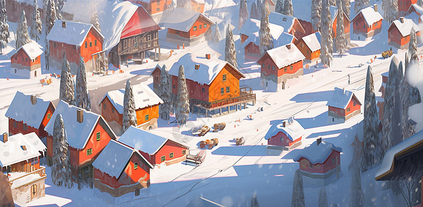 森林中雪后几座红色墙壁的可爱卡通小木屋背景图片