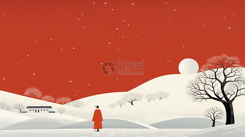 红色飘着雪的天空下一个小小的卡通人物剪影看向远方图片
