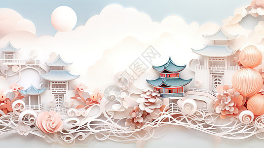 剪纸风中国建筑插画背景图片