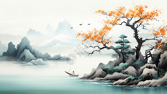 山川与湖泊湖畔的古树与一艘小船唯美卡通风景插画