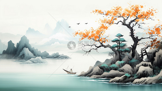 湖畔的古树与一艘小船唯美卡通风景图片