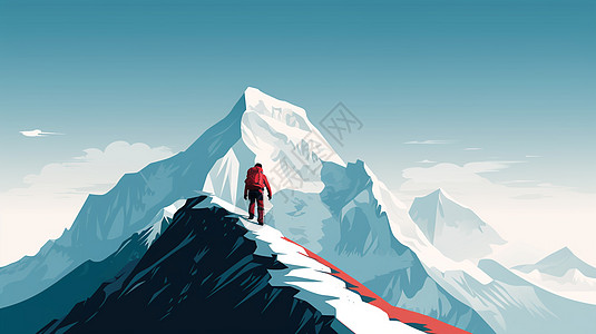 傍晚扁平风小小的卡通人物登上雪山山顶插画