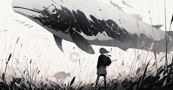 背着包的卡通小女孩人物剪影看着天空的大鱼背景图片