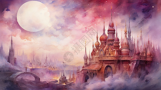 云雾缭绕紫色调复古卡通城堡水彩风插画图片