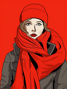围着红色围巾戴着红帽子的卡通女人图片
