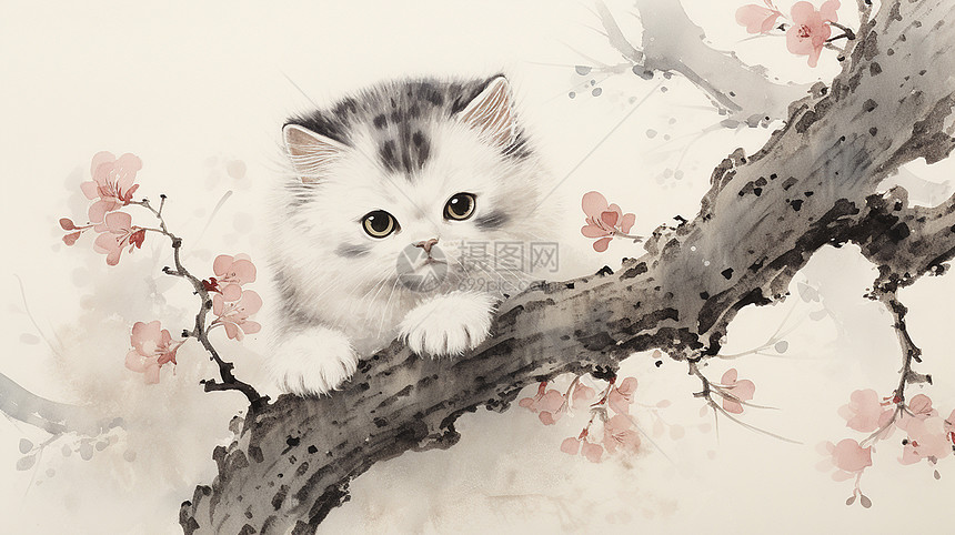 趴在开满花朵的树干上可爱的卡通小花猫图片