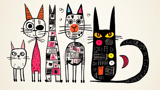 几只儿童涂鸦风可爱的卡通小猫形象图片