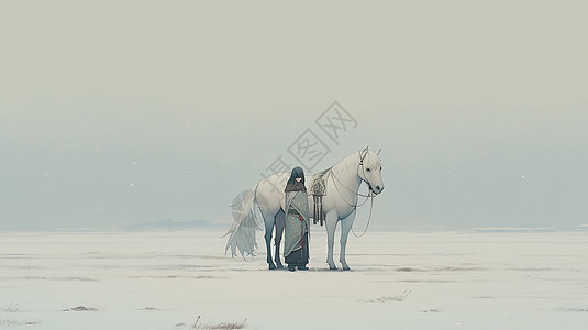 冬天野外站在白马身边的古风卡通人物图片