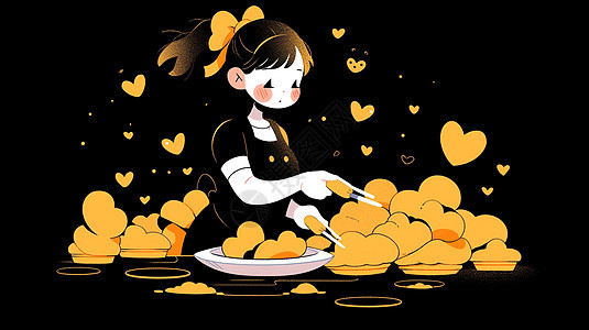 戴着黄色蝴蝶结的小清新卡通女孩在做饭图片