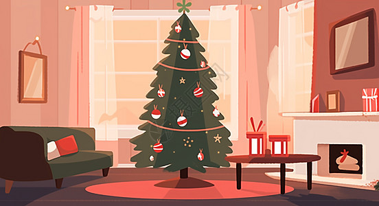 简约的卡通房间内放着一棵超大的圣诞树背景图片