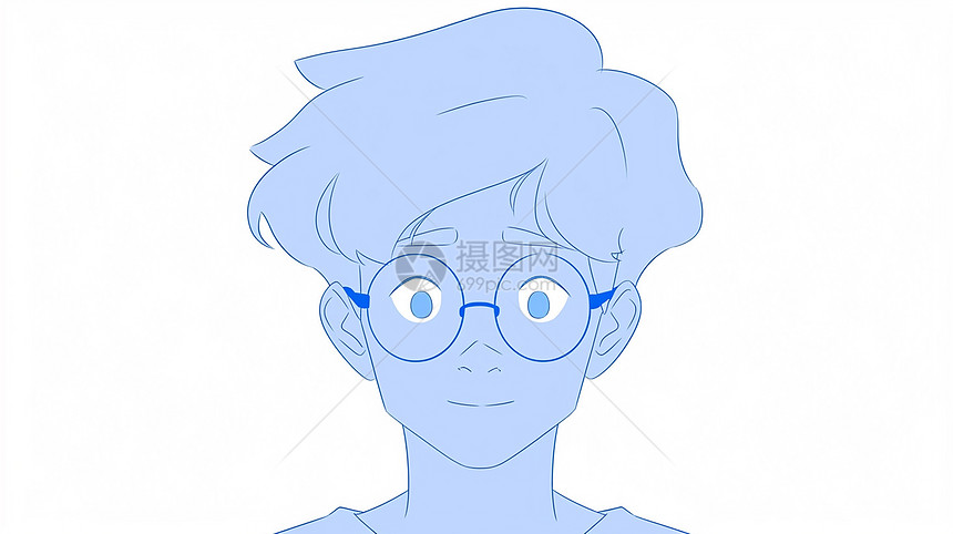 蓝色调小清新卡通男孩戴着眼镜图片