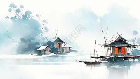 冬天水墨风景画湖边几座古风卡通小房子图片