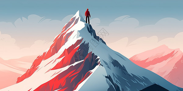 傍晚站在雪山顶上的卡通人物背影图片
