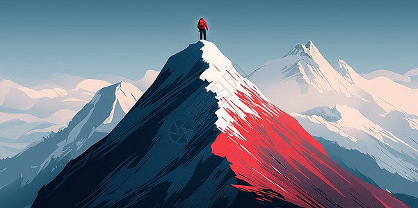 穿红色登上山顶的小小的卡通人物背影背景图片