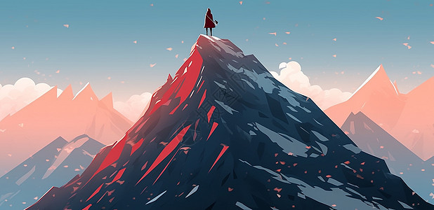 登上火红色高高山顶上的卡通人物背影背景图片