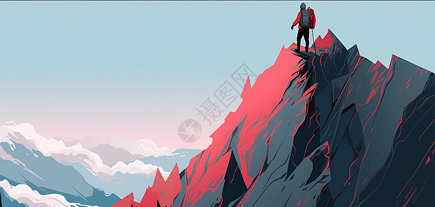 小小的卡通人物站在高高的山顶上背景图片