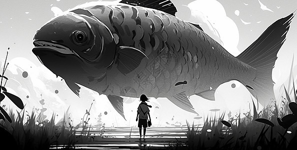 遨游在天空中的大鱼与小小的卡通人物背影背景图片