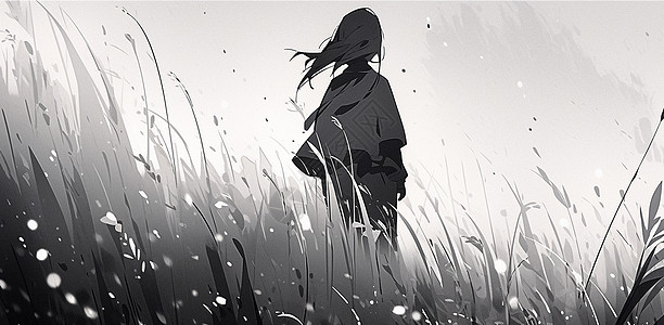 长发卡通女孩站在草地中的卡通背影图片