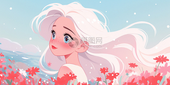 白色长发漂亮的卡通小公主站在花丛中图片