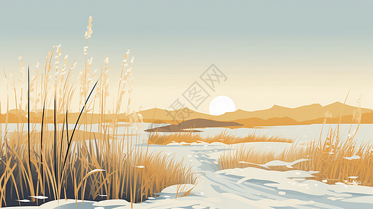 冬天唯美落日湖边枯草芦苇卡通风景高清图片