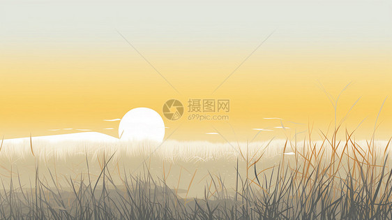 淡黄色简便的天空与枯草芦苇丛唯美卡通风景图片