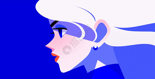 深蓝色时尚的红唇卡通女孩扁平风插画图片