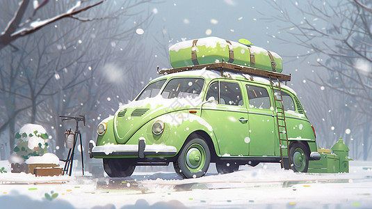 冬天大雪中一辆全绿色卡通汽车车顶上顶着包裹图片