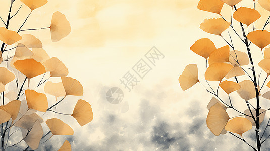 枯黄的银杏叶小清新水墨风景插画图片