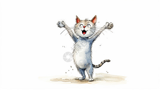 开心笑双手举起可爱的卡通猫图片