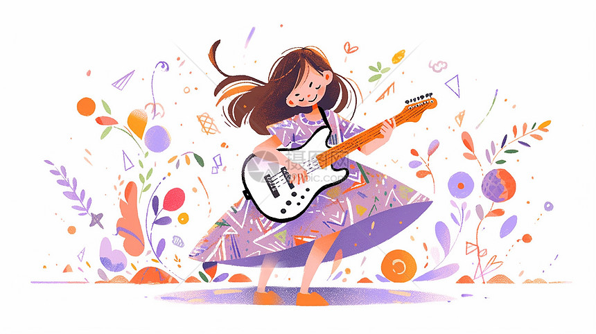 穿紫色裙子弹吉他的可爱卡通小女孩图片