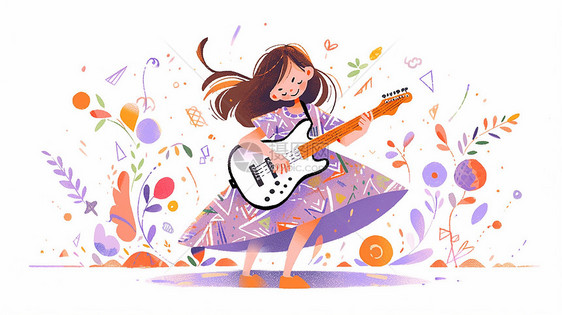 穿紫色裙子弹吉他的可爱卡通小女孩图片