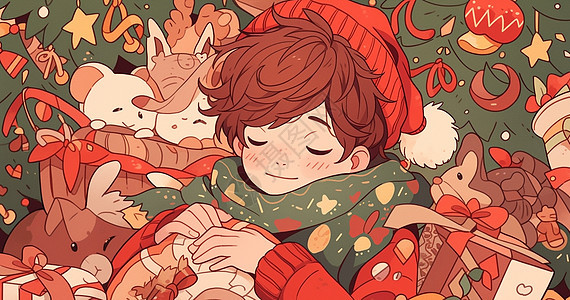 围着绿色围巾在圣诞树旁可爱的卡通小男孩图片