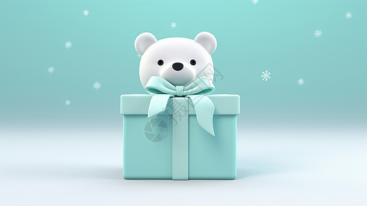 蓝绿色礼物盒上一只可爱的卡通小白熊背景图片