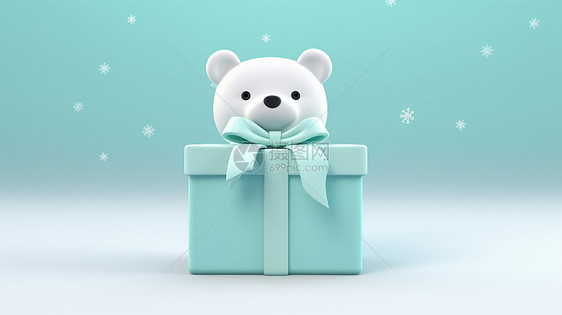 蓝绿色礼物盒上一只可爱的卡通小白熊图片