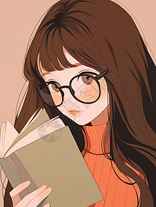戴着黑框眼镜看书的小清新卡通女孩背景图片