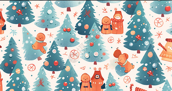 水彩风可爱的卡通圣诞树图案背景图片