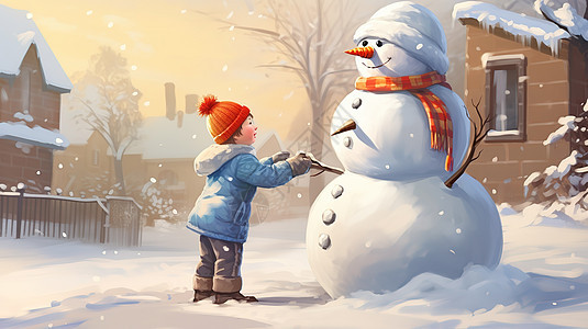 冬天可爱的孩子堆雪人图片