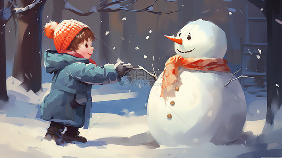 可爱的孩子下雪堆雪人图片