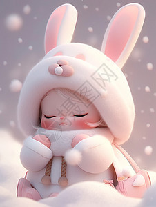 大雪中戴着兔耳朵帽子可爱的卡通小女孩图片