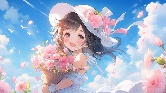 戴着帽子蓝天白云下抱着花束的可爱卡通小女孩图片