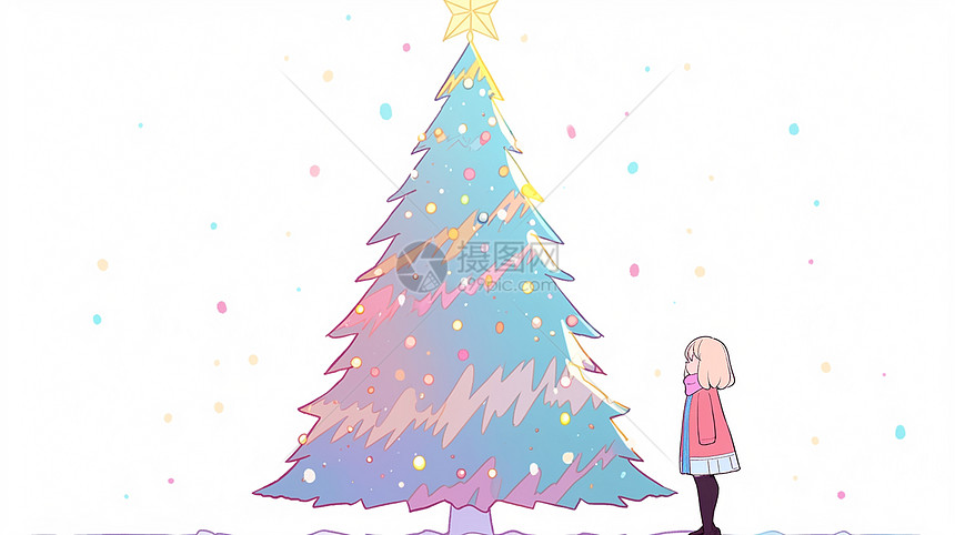 站在高大彩色圣诞树下可爱的卡通小女孩图片