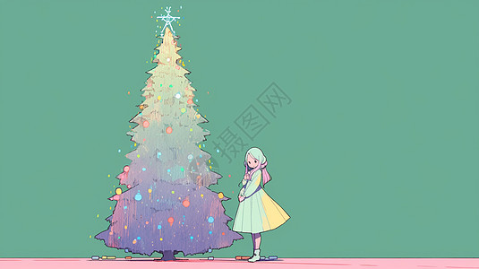 圣诞节主题站在圣诞树下欣赏圣诞树的卡通小女孩图片