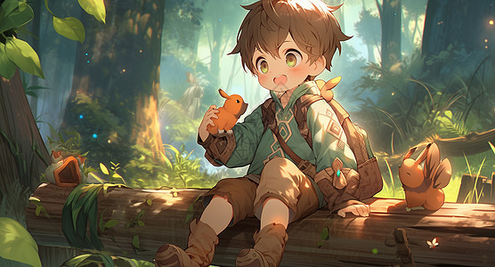 可爱的卡通小男孩探险家坐在森林中休息图片