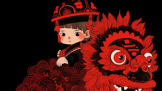 坐在红色狮子旁可爱喜庆的卡通小男孩图片
